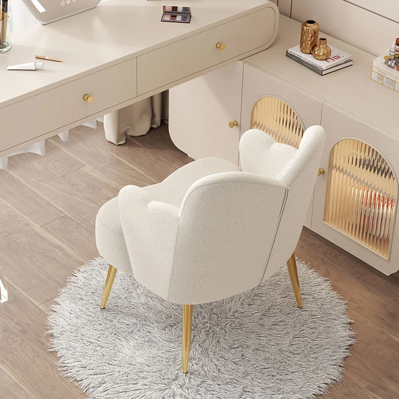 Contemporary Nordic Sherpa Fabric & Metal Curved Back Vanity Stool For Bedroom