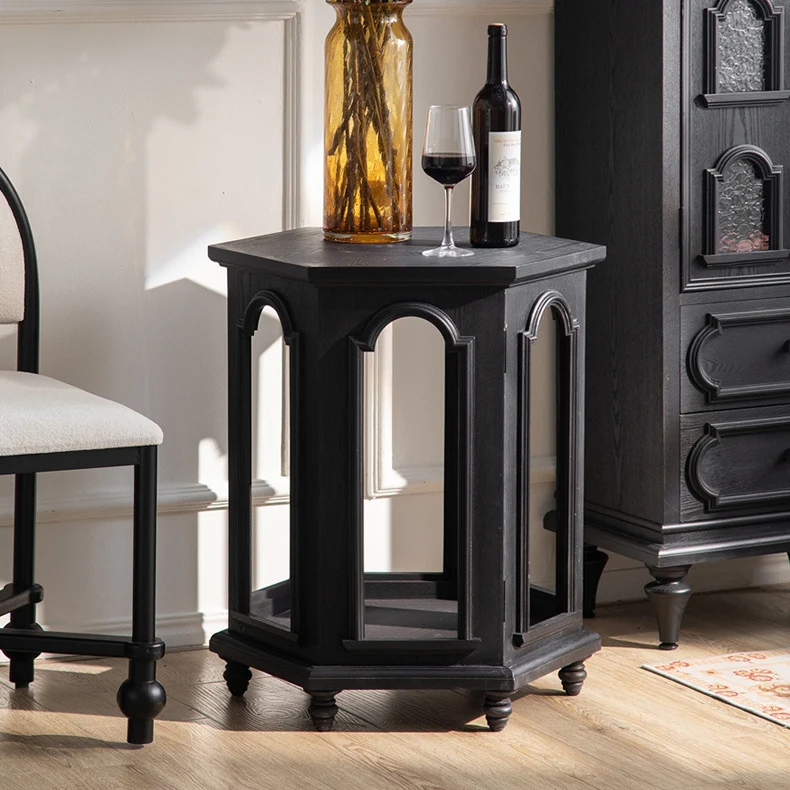 Modern Mid-Century Hollowed Arch Design Black Pine Wood MDF Side Table 1-Storage For Living Room