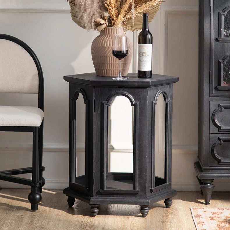 Modern Mid-Century Hollowed Arch Design Black Pine Wood MDF Side Table 1-Storage For Living Room