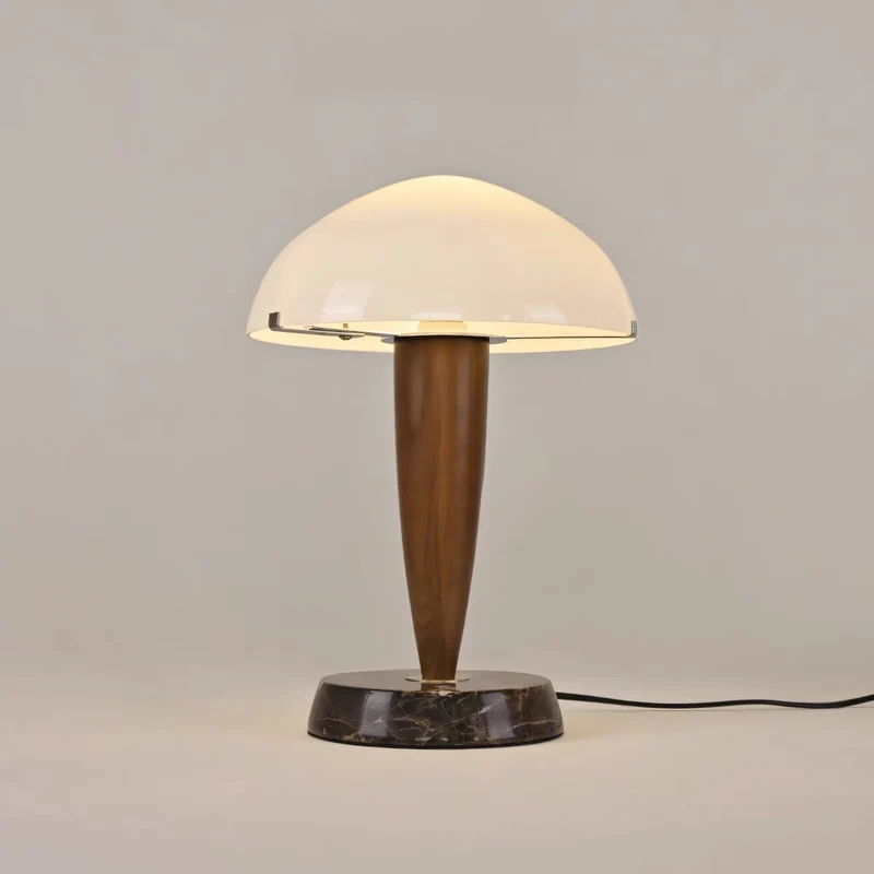 Traditional Vintage Wood Grain Mushroom-shaped Marble Ash Wood Glass 1-Light Table Lamp For Bedroom
