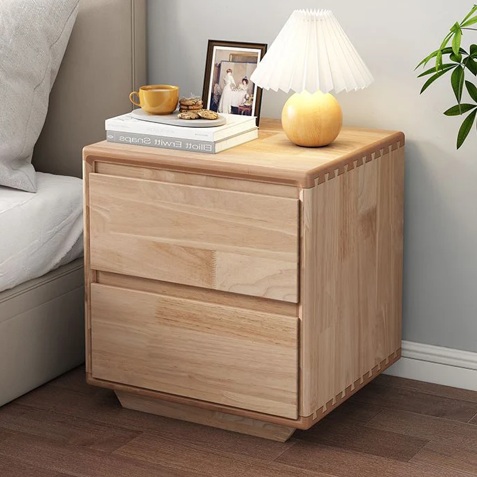 Modern Minimalist Rubberwood Square Nightstand 2-Drawer For Bedroom