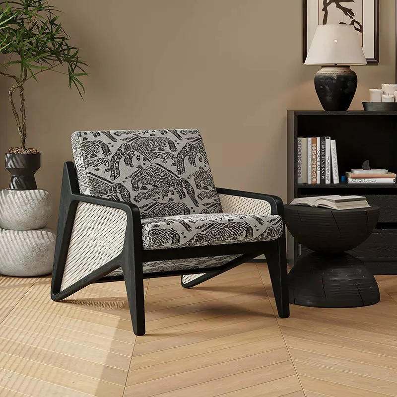 Traditional French Weaving Rattan Rubber Wood Fabric Square Jacquard Accent Chair Backrest Armrest For Living Room
