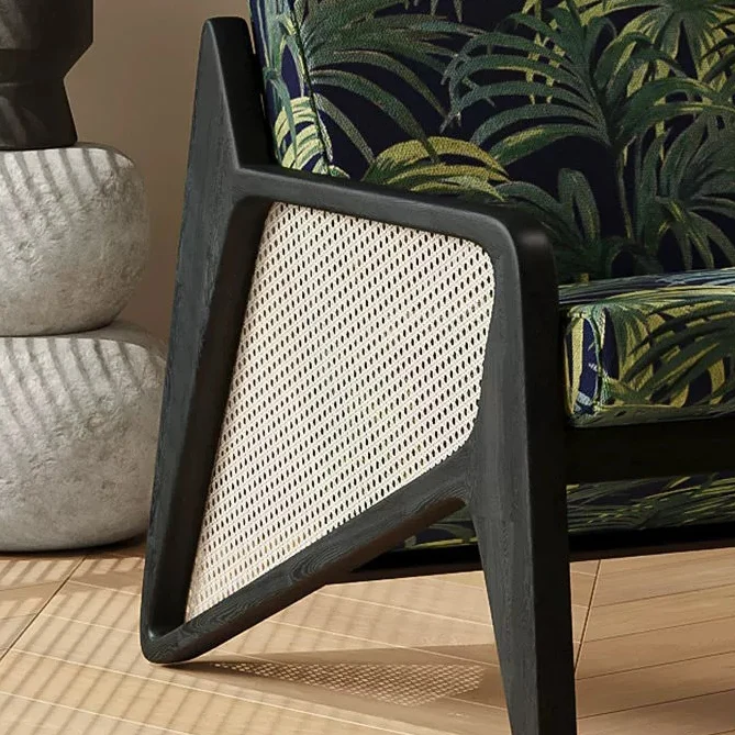 Traditional French Weaving Rattan Rubber Wood Fabric Square Jacquard Accent Chair Backrest Armrest For Living Room