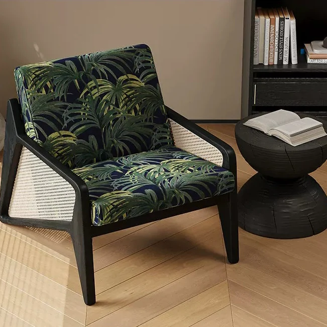 Traditional French Weaving Rattan Rubber Wood Fabric Square Jacquard Accent Chair Backrest Armrest For Living Room