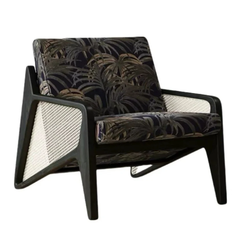 Traditional French Weaving Rattan Rubber Wood Fabric Square Jacquard Accent Chair Backrest Armrest For Living Room