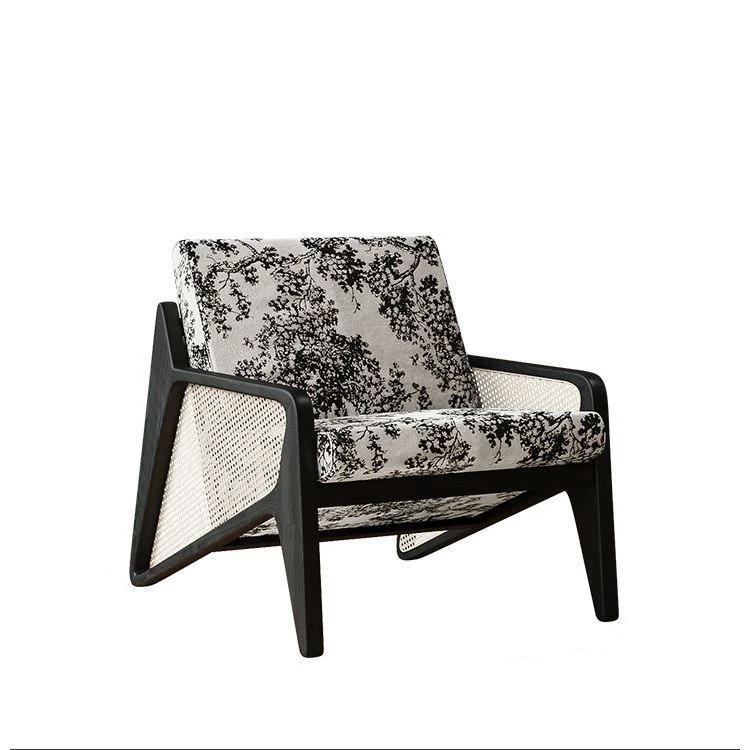 Traditional French Weaving Rattan Rubber Wood Fabric Square Jacquard Accent Chair Backrest Armrest For Living Room