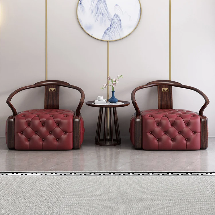 Traditional Chinese Ebonized Wood Microfiber Leather Round Accent Chair & Table Set For Living Room
