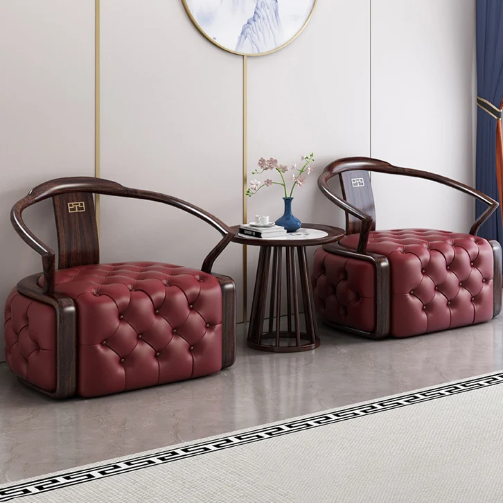 Traditional Chinese Ebonized Wood Microfiber Leather Round Accent Chair & Table Set For Living Room