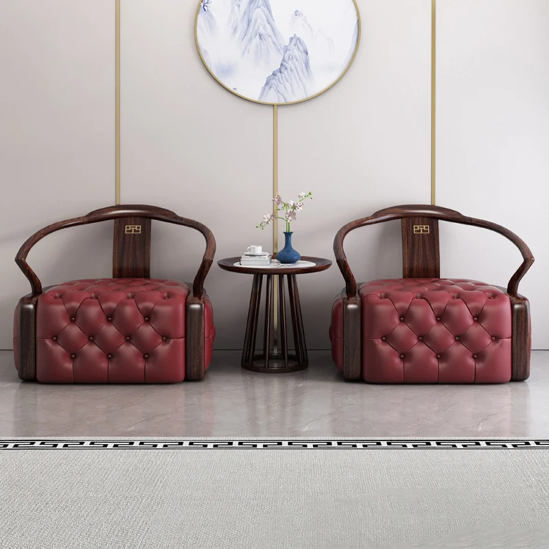 Traditional Chinese Ebonized Wood Microfiber Leather Round Accent Chair & Table Set For Living Room