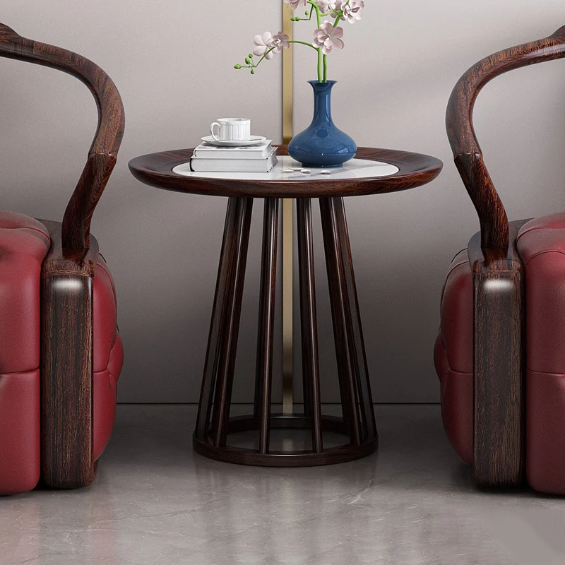 Traditional Chinese Ebonized Wood Microfiber Leather Round Accent Chair & Table Set For Living Room