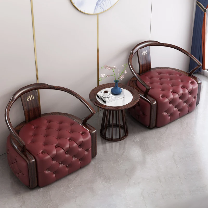 Traditional Chinese Ebonized Wood Microfiber Leather Round Accent Chair & Table Set For Living Room