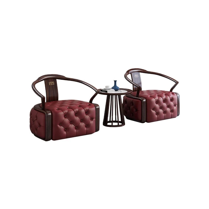 Traditional Chinese Ebonized Wood Microfiber Leather Round Accent Chair & Table Set For Living Room