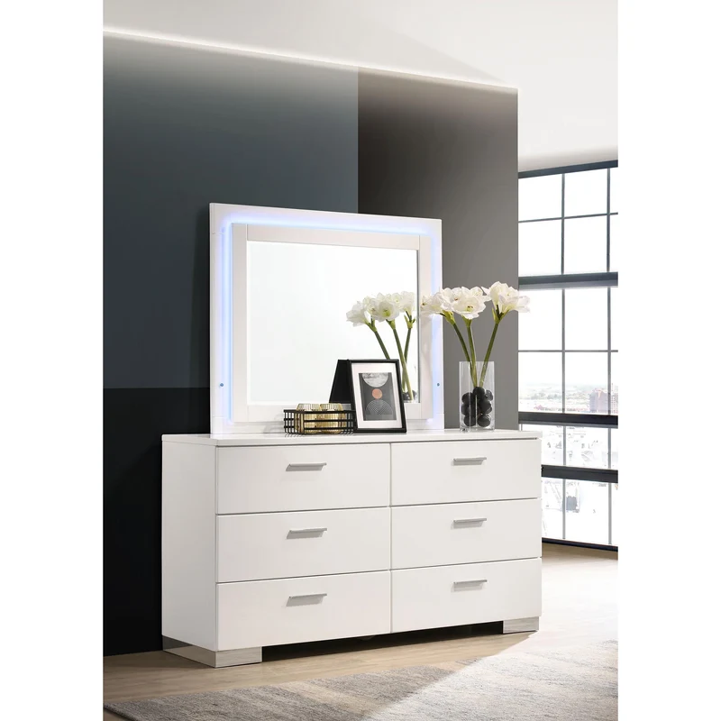 Coaster Furniture Felicity 203503ML 6-Drawer Dresser with LED Mirror - White High Gloss