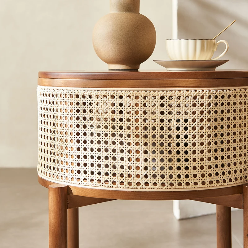 Traditional Vintage Round Rattan Weaving Ash Wood Frame End Table 1-Storage Cabinet For Living Room