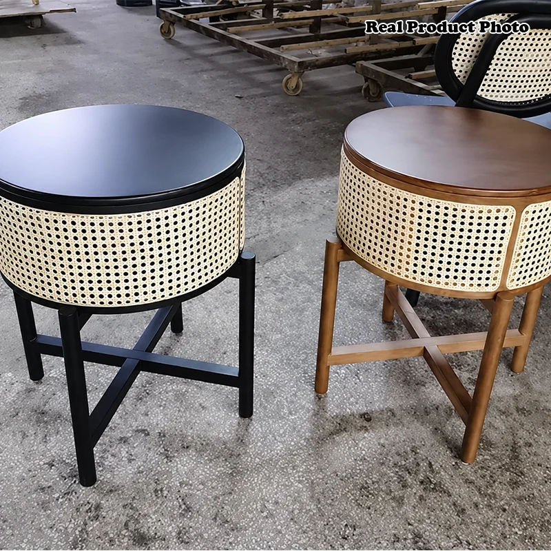 Traditional Vintage Round Rattan Weaving Ash Wood Frame End Table 1-Storage Cabinet For Living Room