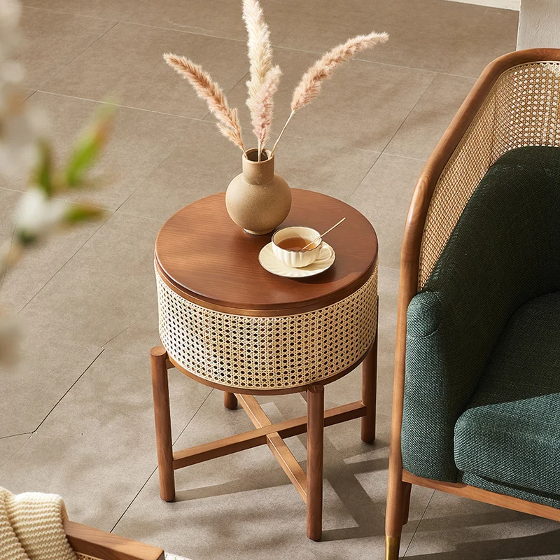 Traditional Vintage Round Rattan Weaving Ash Wood Frame End Table 1-Storage Cabinet For Living Room