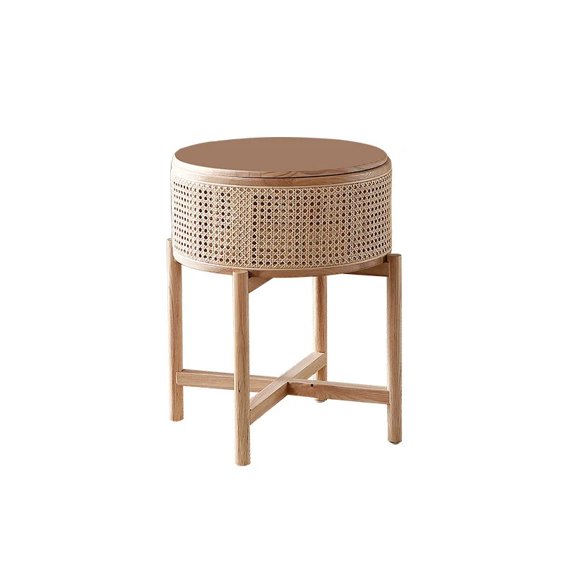 Traditional Vintage Round Rattan Weaving Ash Wood Frame End Table 1-Storage Cabinet For Living Room