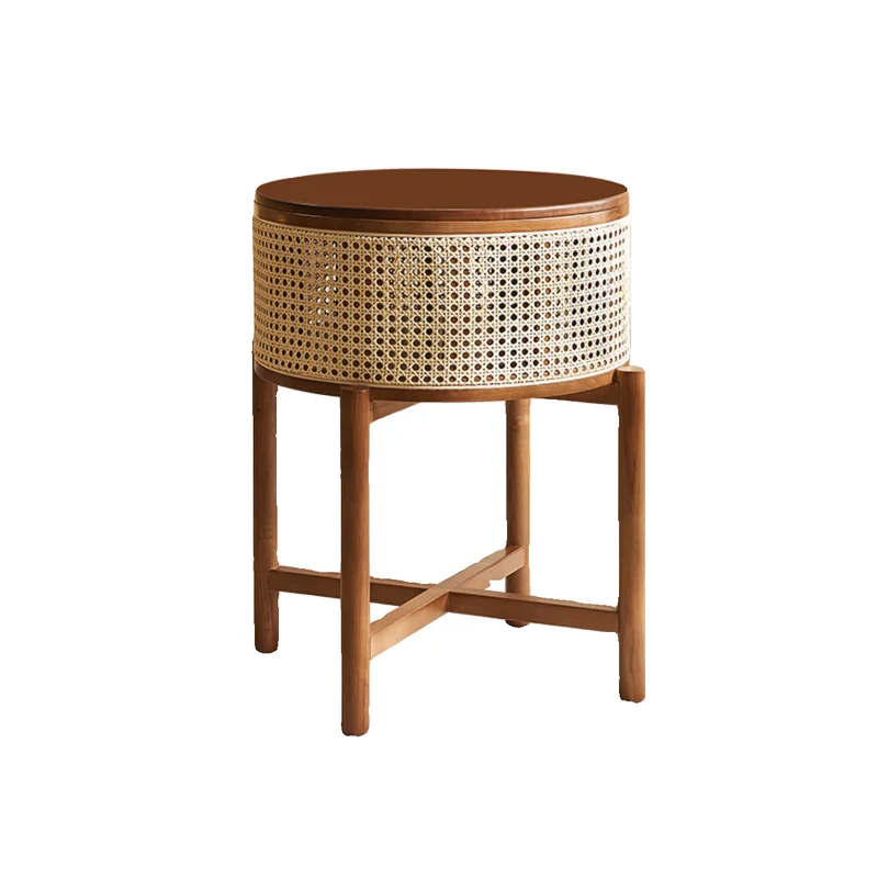 Traditional Vintage Round Rattan Weaving Ash Wood Frame End Table 1-Storage Cabinet For Living Room