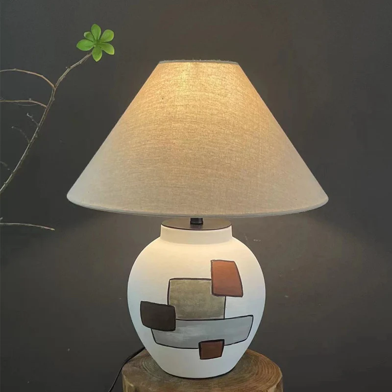 Traditional Japanese Fabric Conical Shade Ceramic 1-Light Table Lamp For Bedroom