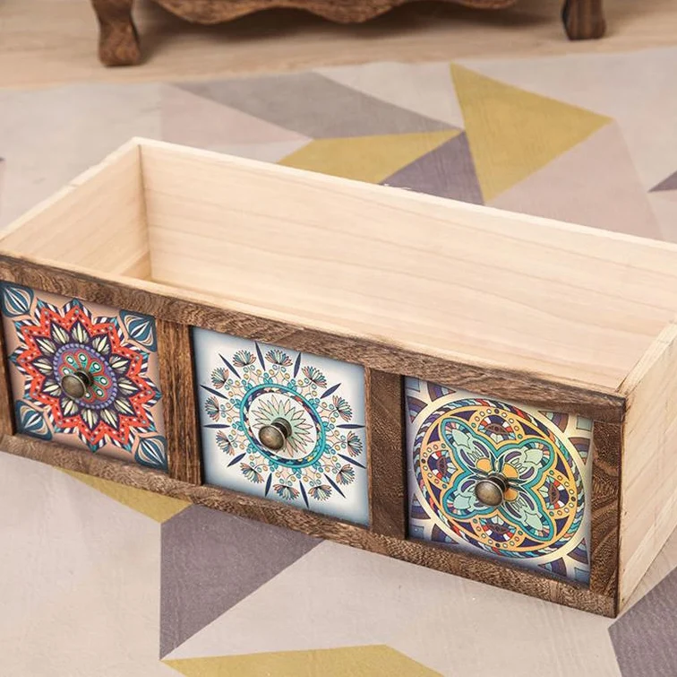 Contemporary Retro Square Cube Storage Cabinet Paulownia Wood Side Table 3/4/6 - Drawer For Living Room