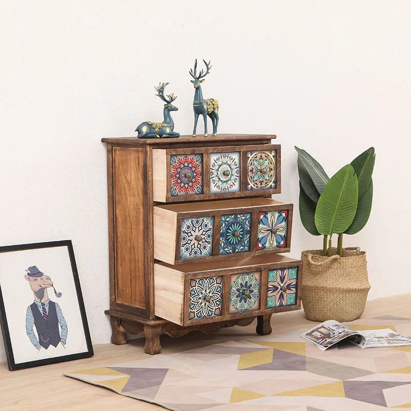 Contemporary Retro Square Cube Storage Cabinet Paulownia Wood Side Table 3/4/6 - Drawer For Living Room