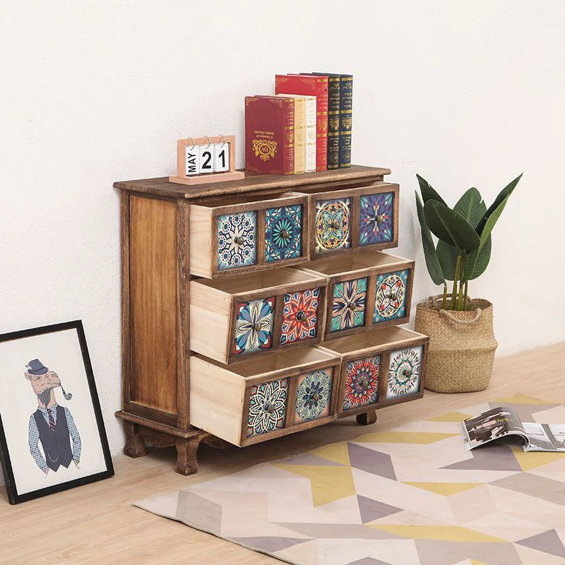 Contemporary Retro Square Cube Storage Cabinet Paulownia Wood Side Table 3/4/6 - Drawer For Living Room