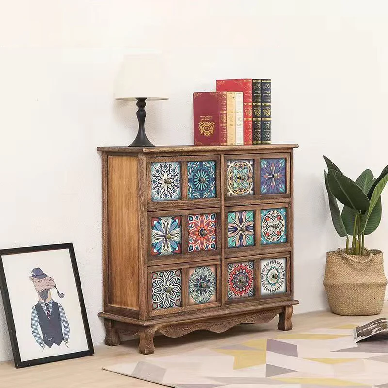 Contemporary Retro Square Cube Storage Cabinet Paulownia Wood Side Table 3/4/6 - Drawer For Living Room
