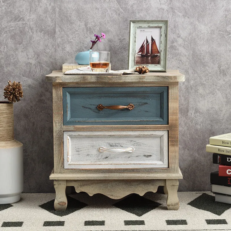 Traditional Vintage Square Cube Paulownia Wood Metal Nightstand 2 - Drawer For Bedroom