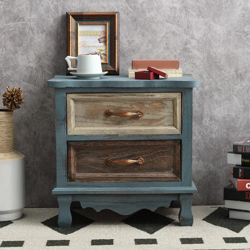 Traditional Vintage Square Cube Paulownia Wood Metal Nightstand 2 - Drawer For Bedroom