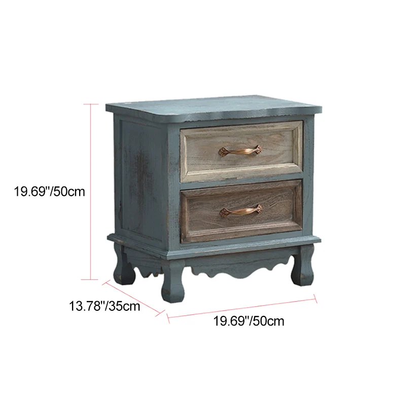 Traditional Vintage Square Cube Paulownia Wood Metal Nightstand 2 - Drawer For Bedroom