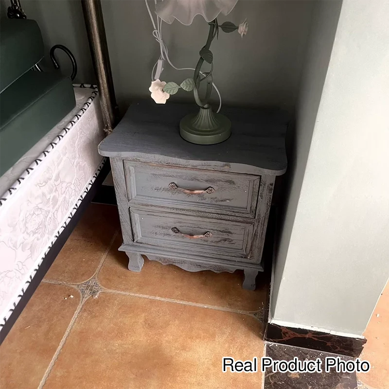 Traditional Vintage Square Cube Paulownia Wood Metal Nightstand 2 - Drawer For Bedroom