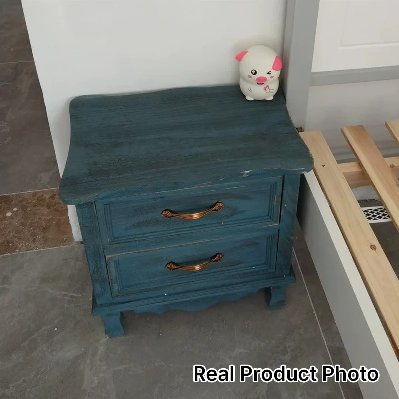 Traditional Vintage Square Cube Paulownia Wood Metal Nightstand 2 - Drawer For Bedroom
