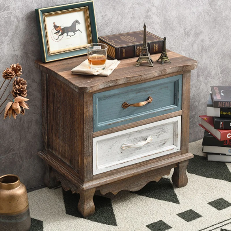Traditional Vintage Square Cube Paulownia Wood Metal Nightstand 2 - Drawer For Bedroom