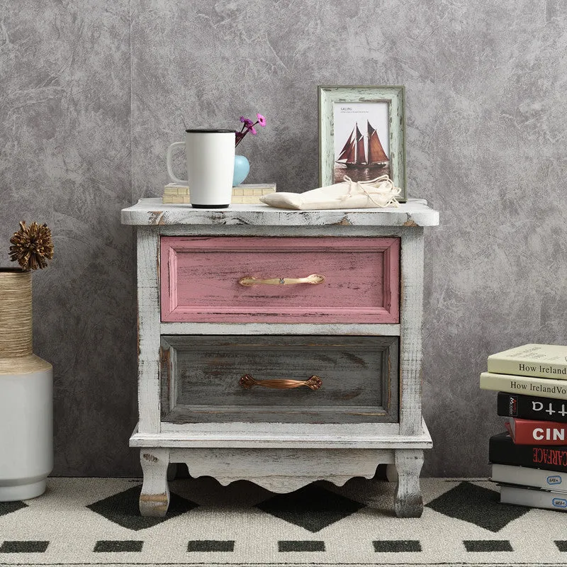 Traditional Vintage Square Cube Paulownia Wood Metal Nightstand 2 - Drawer For Bedroom