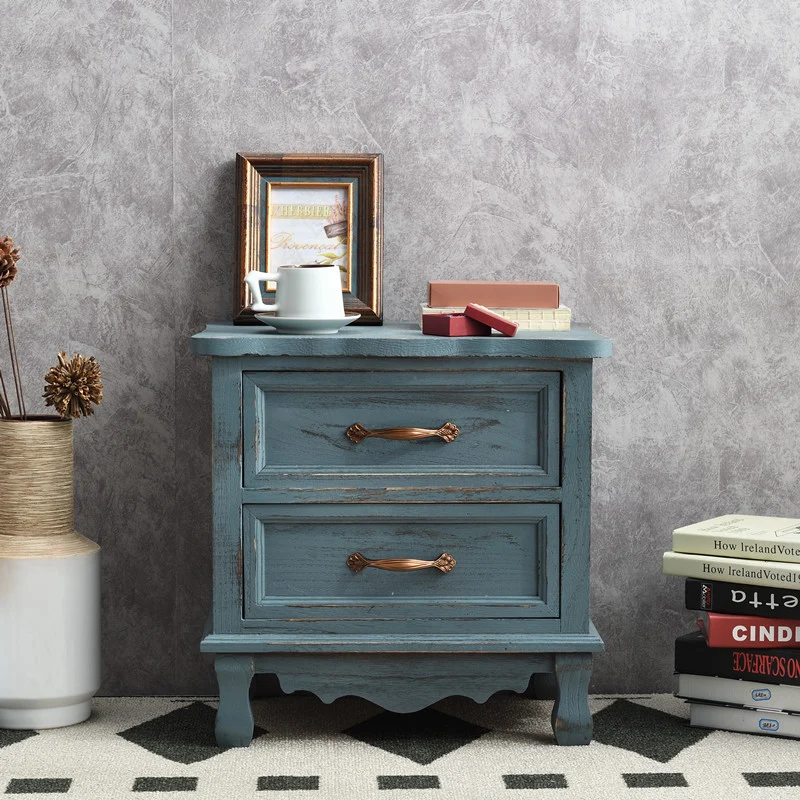 Traditional Vintage Square Cube Paulownia Wood Metal Nightstand 2 - Drawer For Bedroom