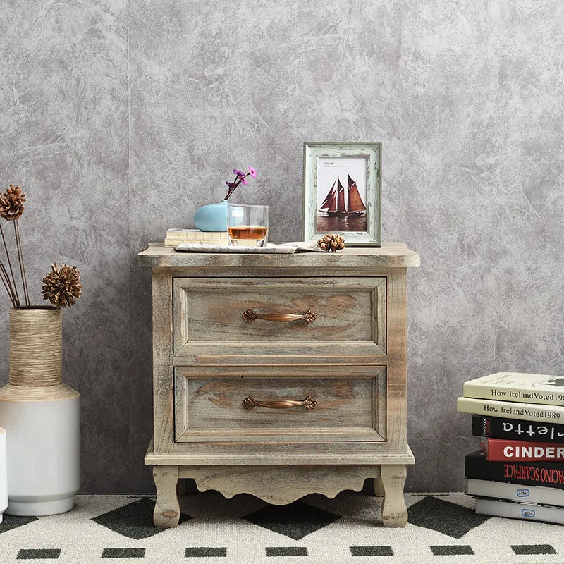 Traditional Vintage Square Cube Paulownia Wood Metal Nightstand 2 - Drawer For Bedroom