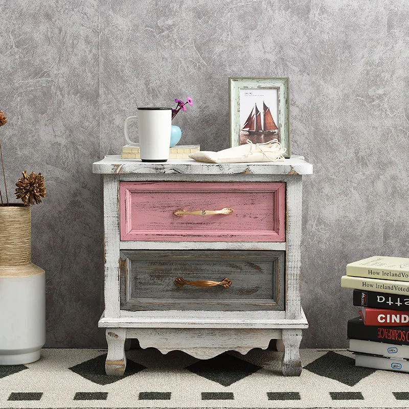 Traditional Vintage Square Cube Paulownia Wood Metal Nightstand 2 - Drawer For Bedroom