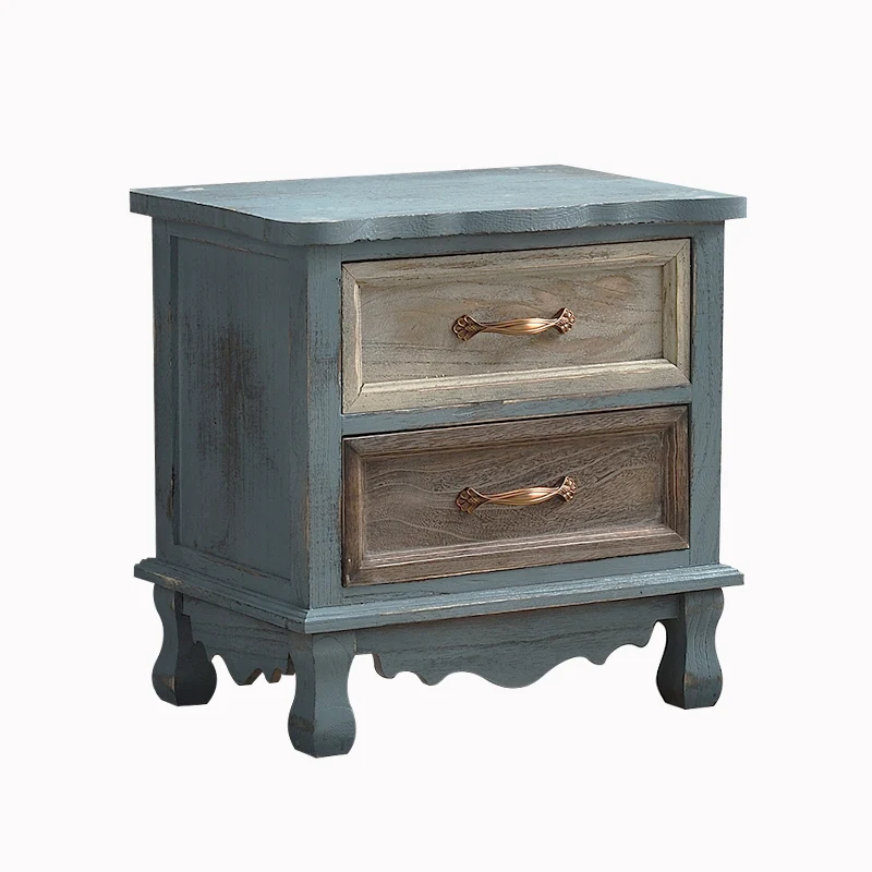 Traditional Vintage Square Cube Paulownia Wood Metal Nightstand 2 - Drawer For Bedroom