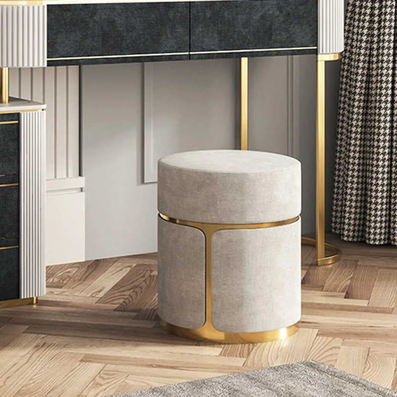 Modern Minimalist Round Cylinder Carbon Steel Velvet Vanity Stool For Bedroom