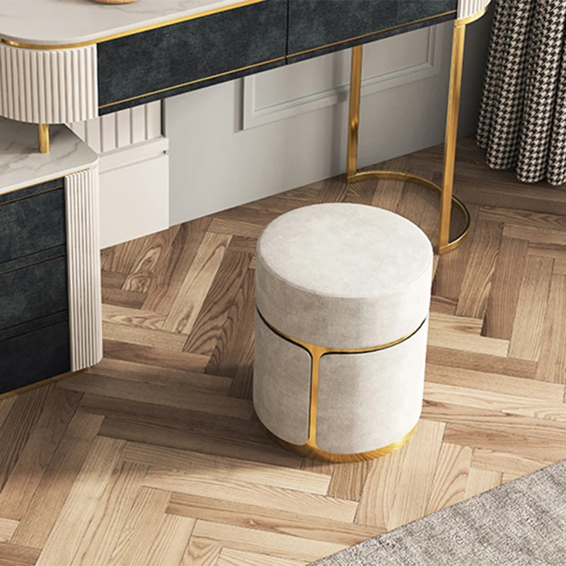 Modern Minimalist Round Cylinder Carbon Steel Velvet Vanity Stool For Bedroom
