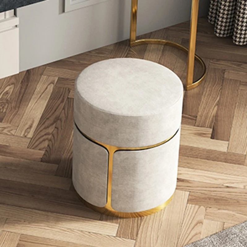 Modern Minimalist Round Cylinder Carbon Steel Velvet Vanity Stool For Bedroom