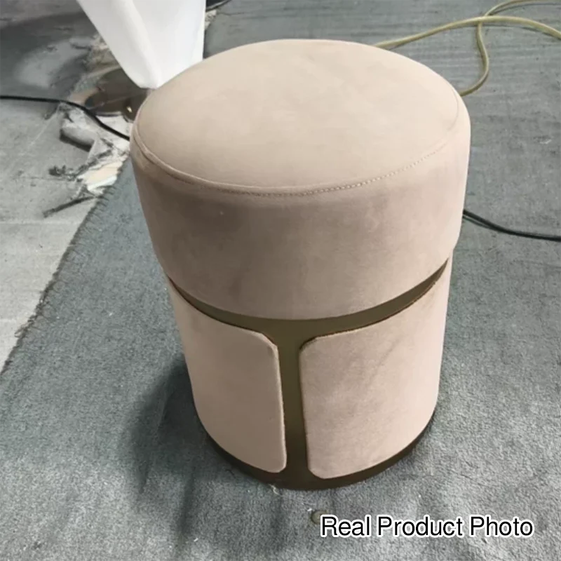 Modern Minimalist Round Cylinder Carbon Steel Velvet Vanity Stool For Bedroom