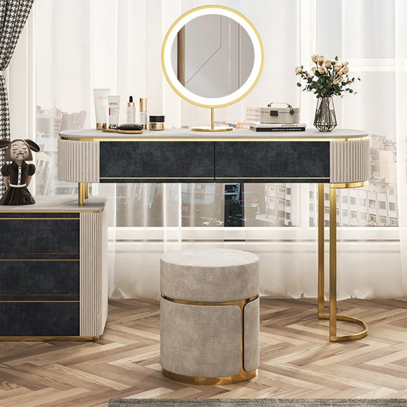 Modern Minimalist Round Cylinder Carbon Steel Velvet Vanity Stool For Bedroom
