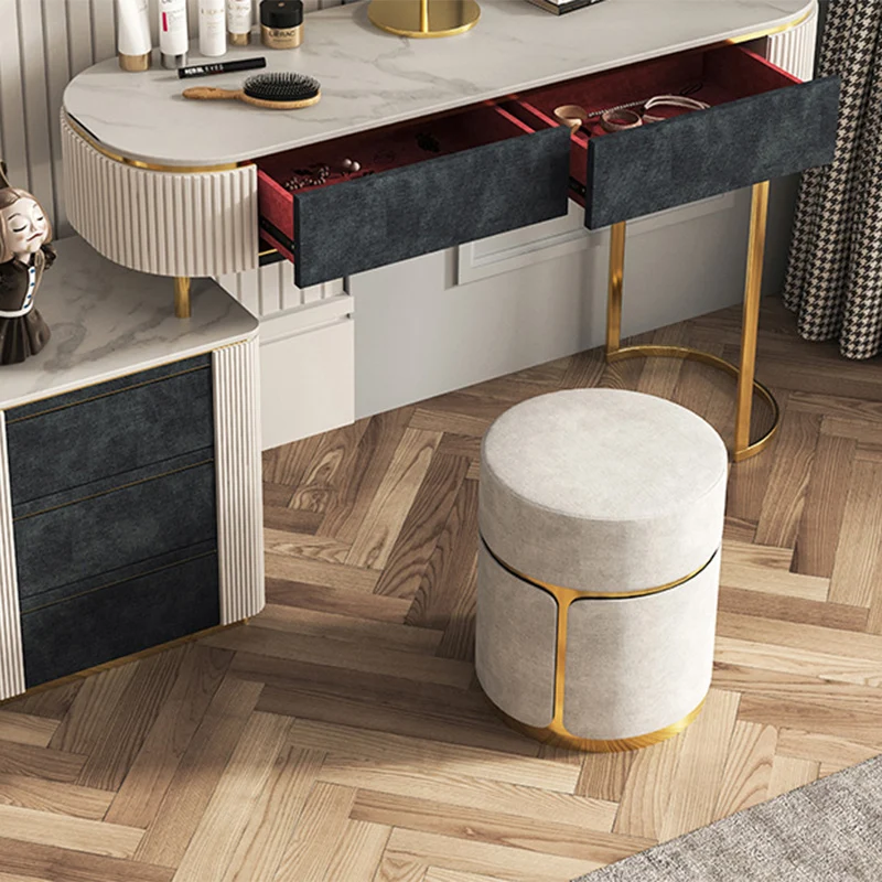 Modern Minimalist Round Cylinder Carbon Steel Velvet Vanity Stool For Bedroom