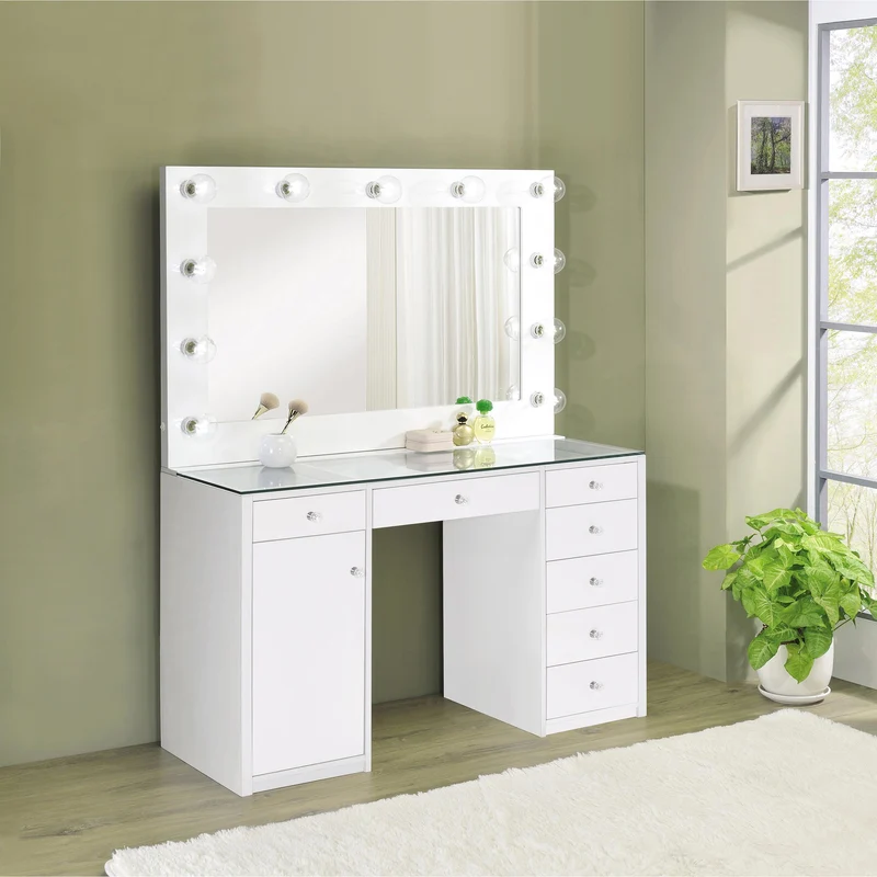 Coaster Furniture Acena 931143 7-Drawer Vanity Set with Lighting - White High Gloss