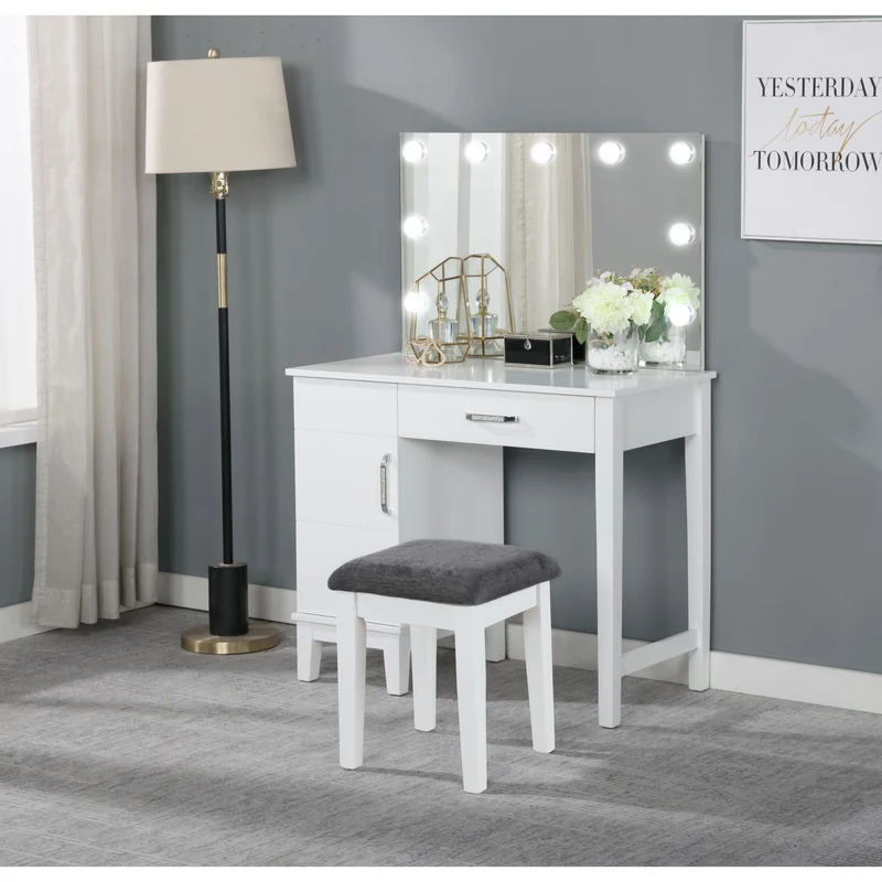 Coaster Furniture Elijah 931149 Vanity Set with Lighting & Stool - White and Dark Grey