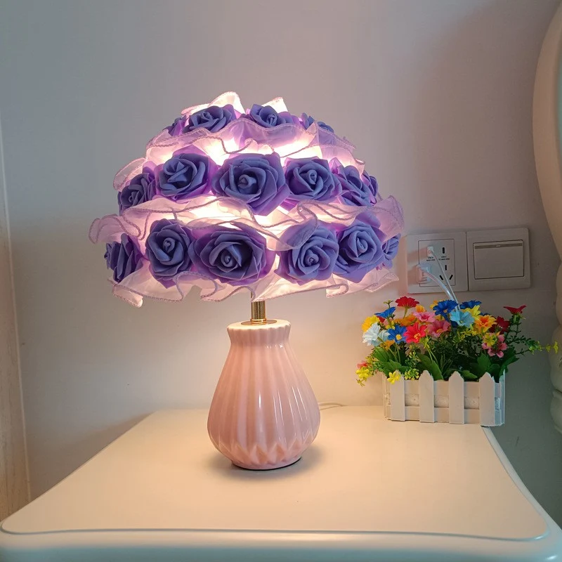 Modern Art Deco Ceramic & Fabric Rose Bouquet 1-Light Table Lamp For Bedroom & Living Room