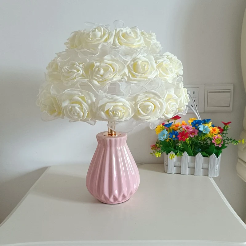 Modern Art Deco Ceramic & Fabric Rose Bouquet 1-Light Table Lamp For Bedroom & Living Room