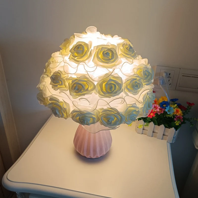 Modern Art Deco Ceramic & Fabric Rose Bouquet 1-Light Table Lamp For Bedroom & Living Room