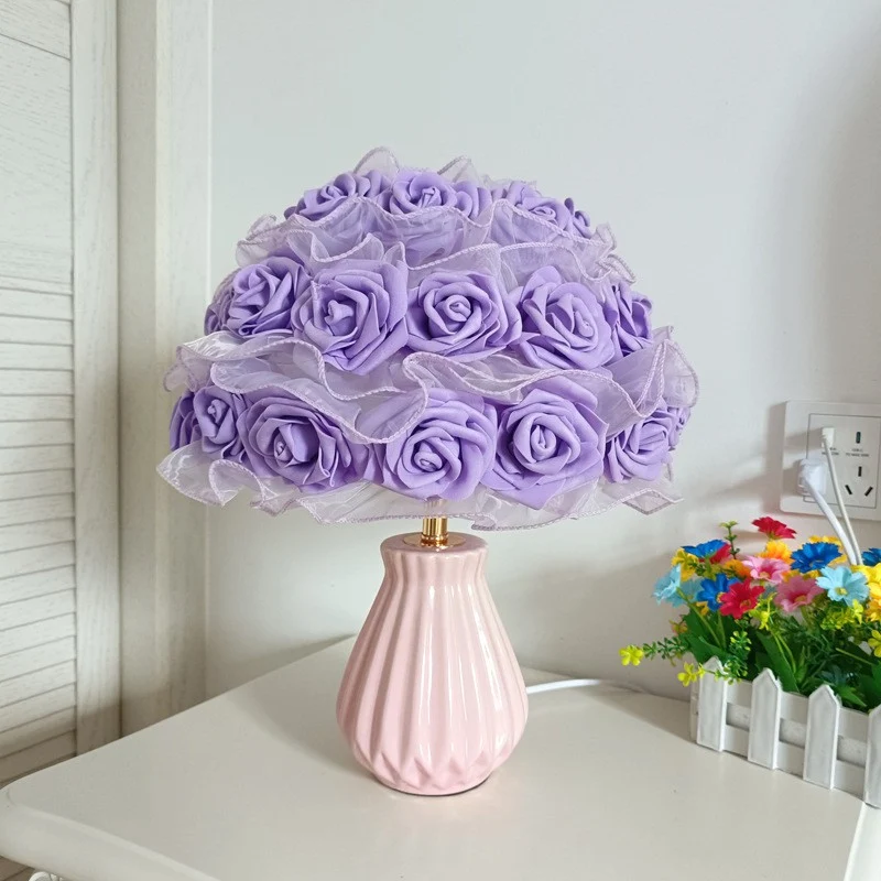 Modern Art Deco Ceramic & Fabric Rose Bouquet 1-Light Table Lamp For Bedroom & Living Room
